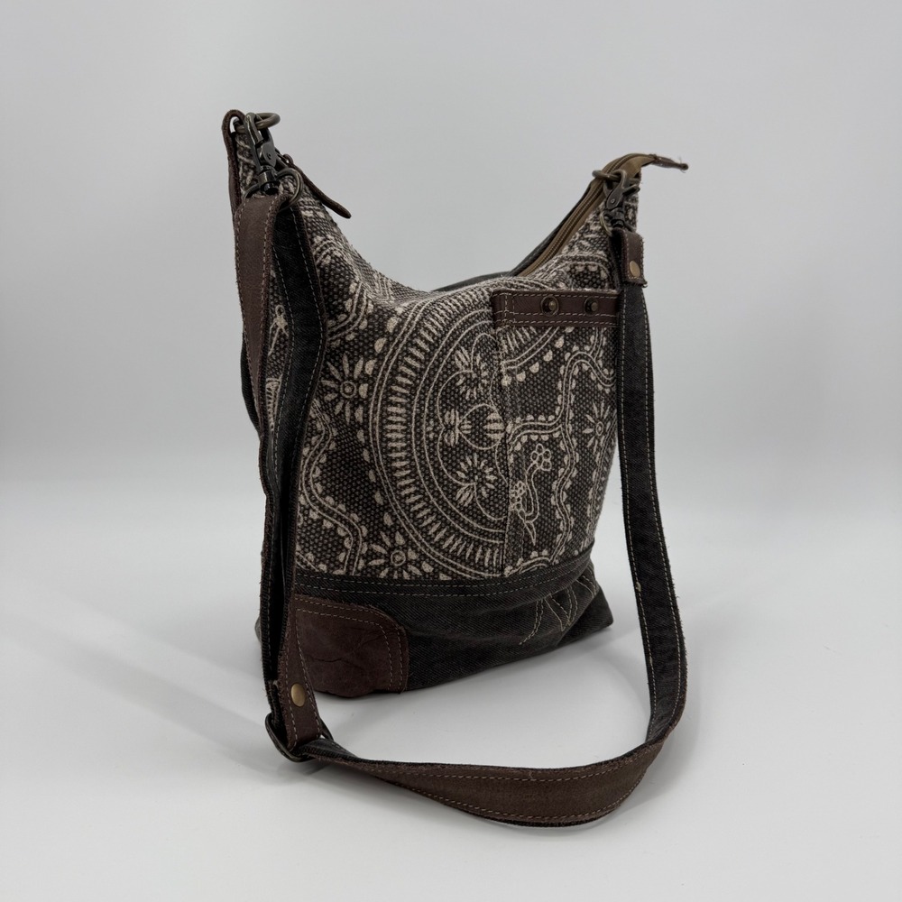 Myra Bag Upcycled Cotton Canvas Leather Slouch Hobo Shoulder Bag Clean Interior